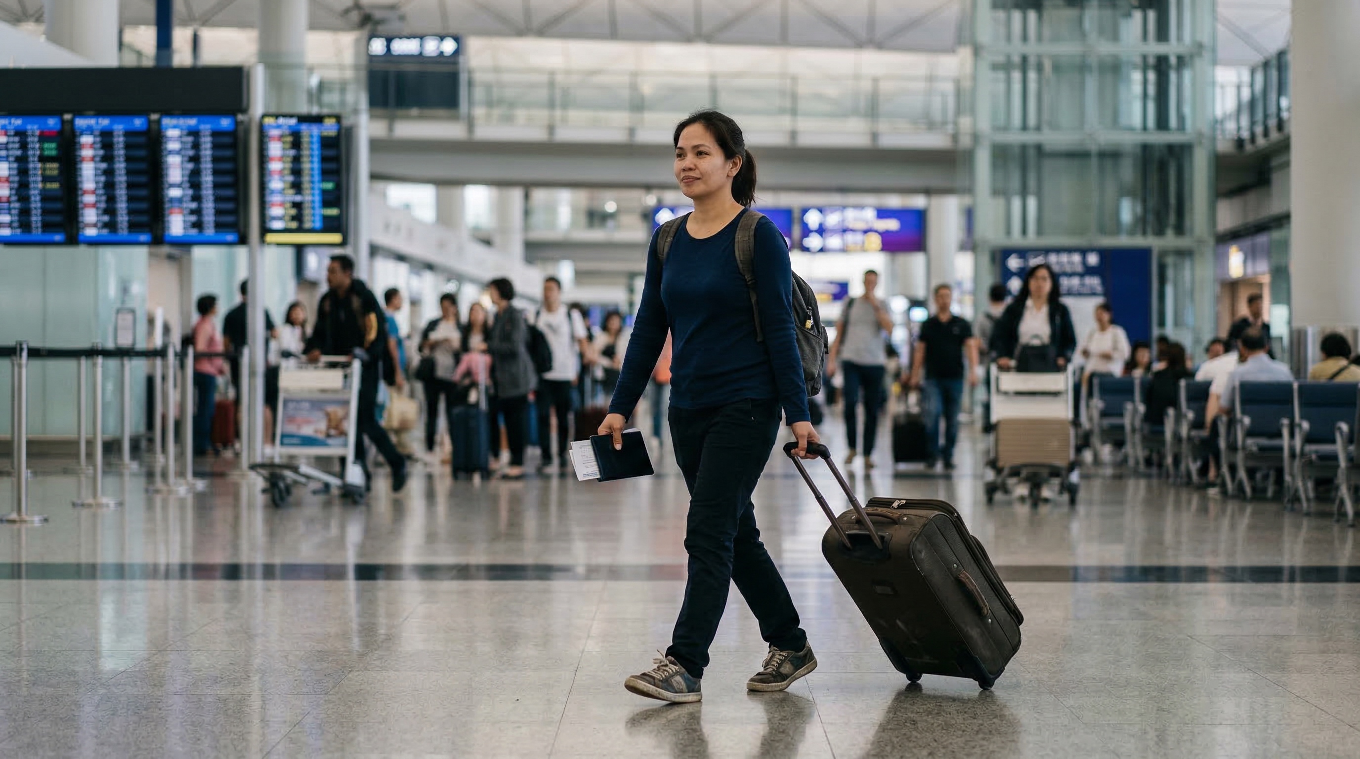 Domestic helper arriving at Hong Kong airport