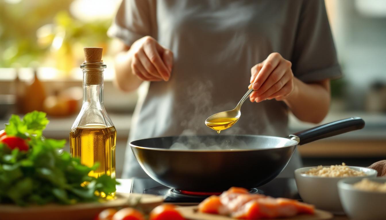 Domestic helper cooking healthy food with extra virgin olive oil