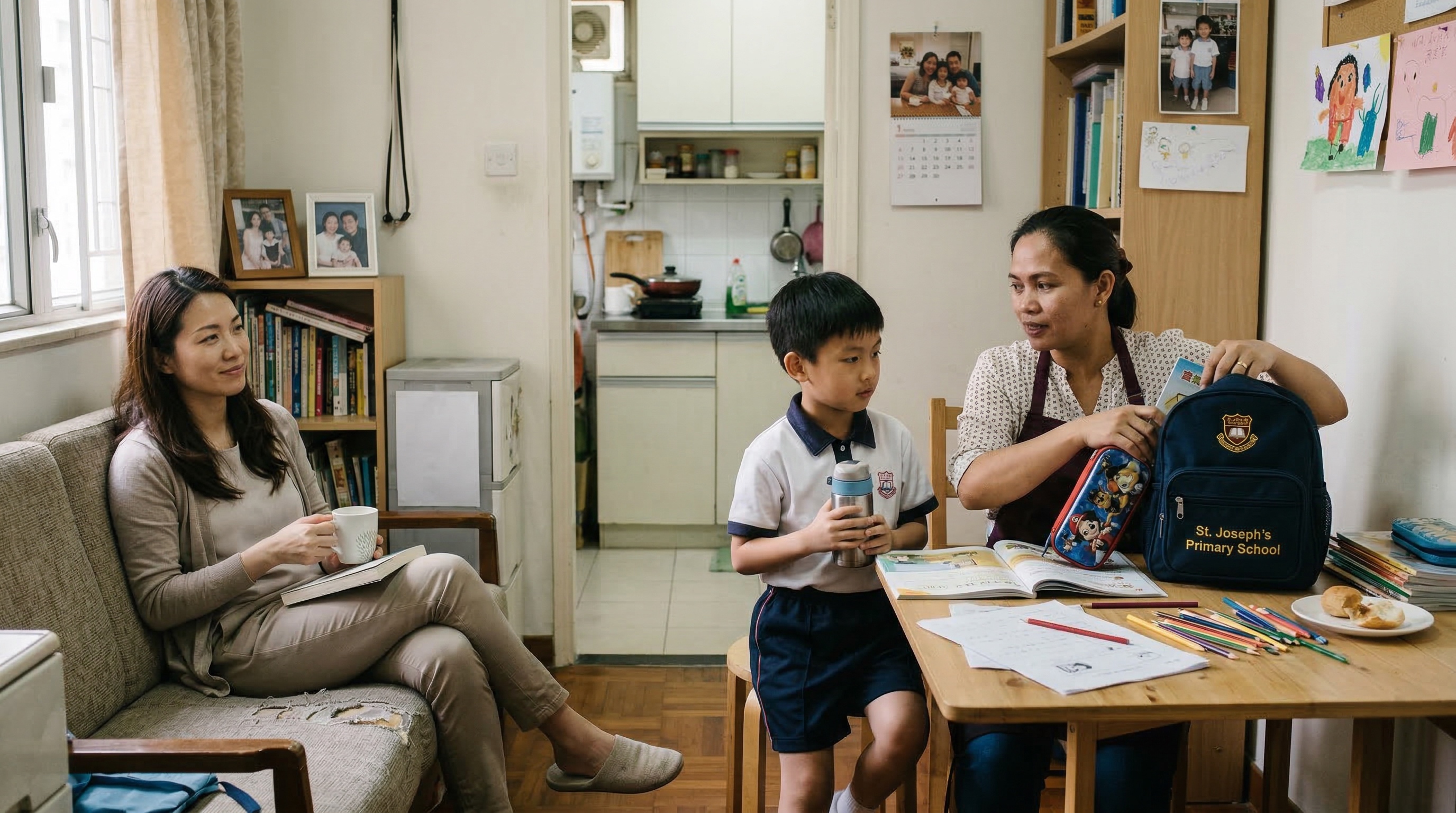 Helper assisting child with school bag