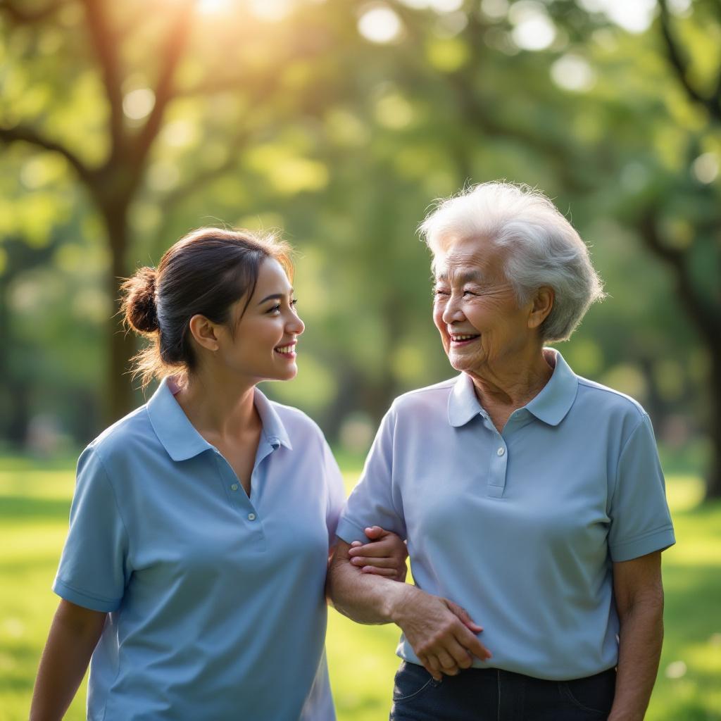 Helper walking with elderly person in the park