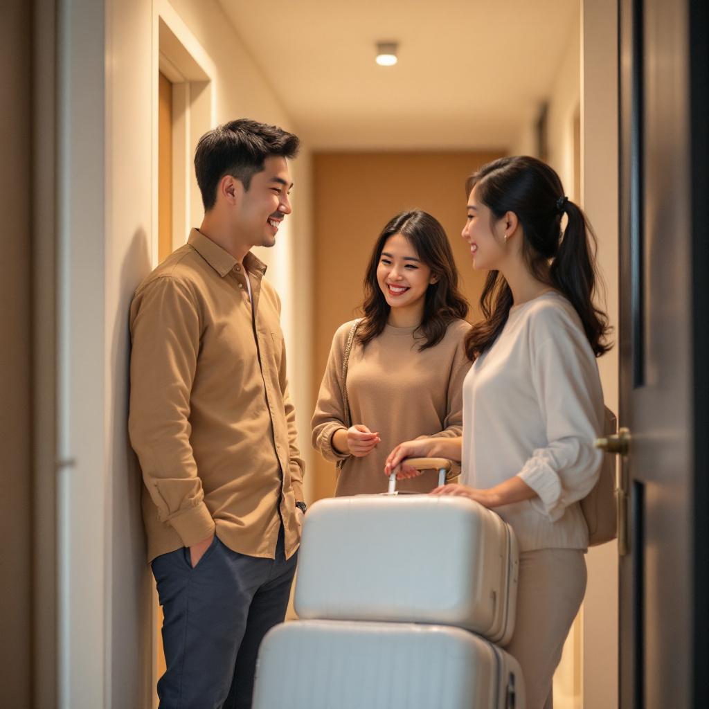Family welcoming new helper at the door