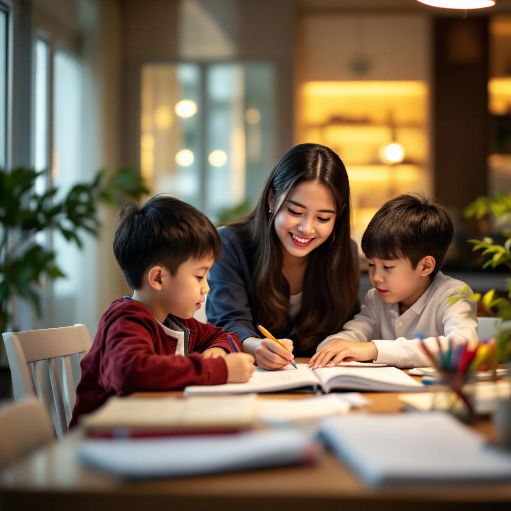 Helper helping children with homework
